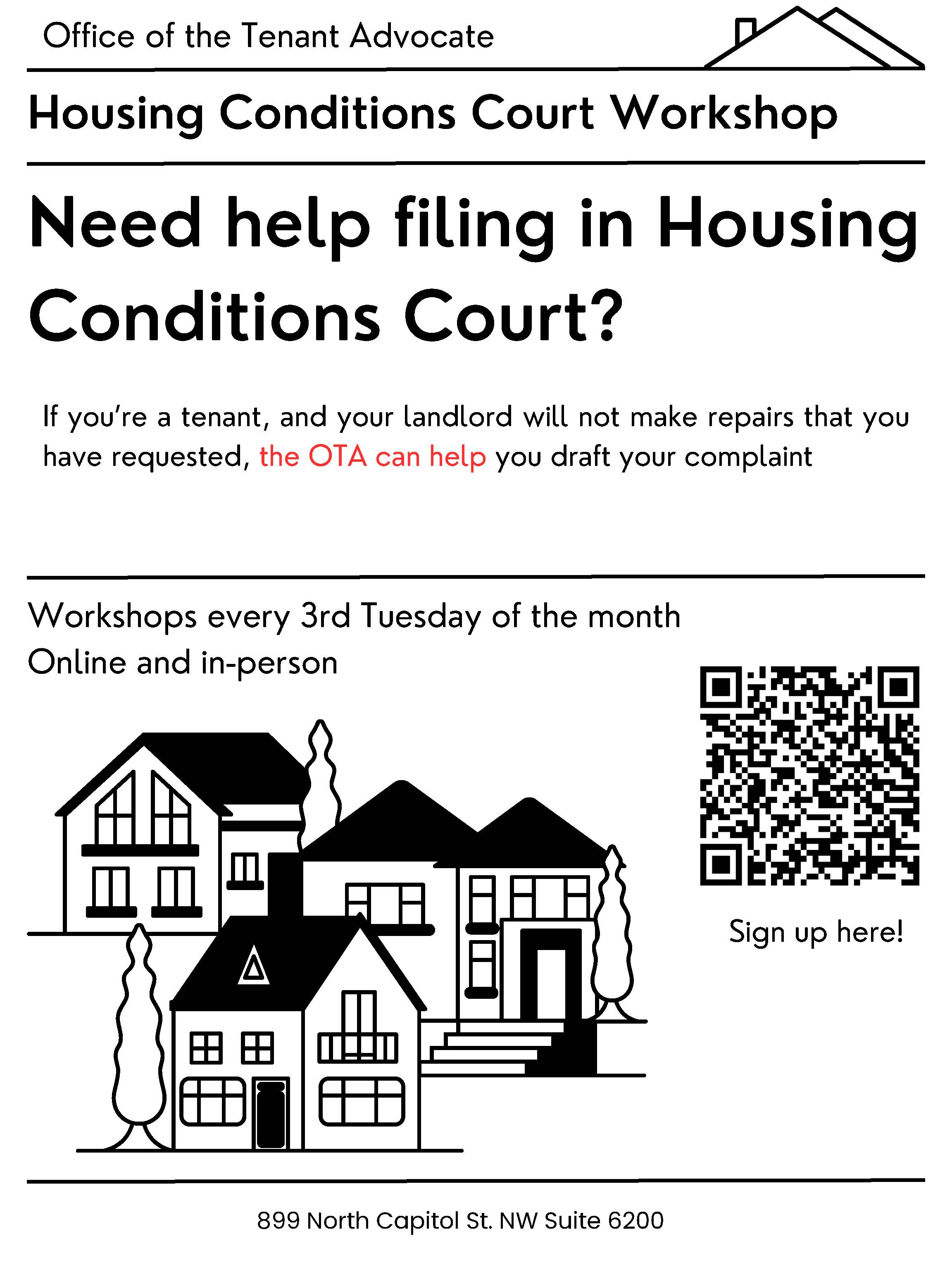housing conditions court workshop sign up with a QR code